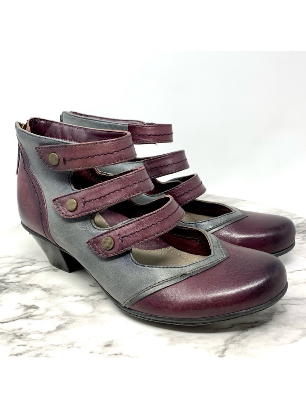 Earth Serano Multi-Strap Gray/Burgundy Leather Booties 6 Indie Sleeze Artsy Alt